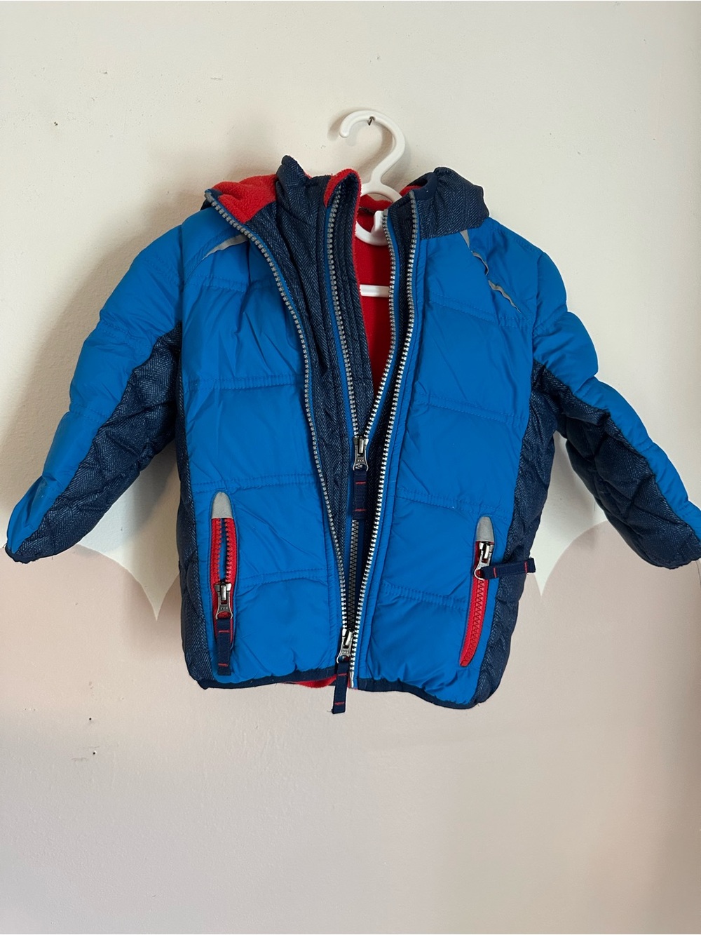 Snozu Blue and Navy Kids Hooded Puffer Jacket with Red Accents